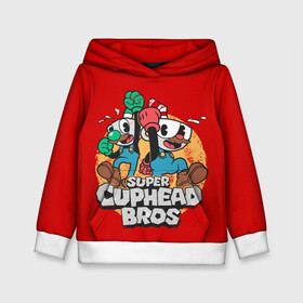 Детская толстовка 3D с принтом Super Cuphead Bros в городе Новоалтайск, 100% полиэстер | двухслойный капюшон со шнурком для регулировки, мягкие манжеты на рукавах и по низу толстовки, спереди карман-кенгуру с мягким внутренним слоем | arkade | cup head | cuphead | game | games | mario | аркада | игра | игры | кап хэд | капхед | купа хэд | марио | сгз руфв | сгзруфв | чашкоголовый