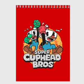 Скетчбук с принтом Super Cuphead Bros в городе Новоалтайск, 100% бумага
 | 48 листов, плотность листов — 100 г/м2, плотность картонной обложки — 250 г/м2. Листы скреплены сверху удобной пружинной спиралью | Тематика изображения на принте: arkade | cup head | cuphead | game | games | mario | аркада | игра | игры | кап хэд | капхед | купа хэд | марио | сгз руфв | сгзруфв | чашкоголовый