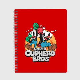 Тетрадь с принтом Super Cuphead Bros в городе Новоалтайск, 100% бумага | 48 листов, плотность листов — 60 г/м2, плотность картонной обложки — 250 г/м2. Листы скреплены сбоку удобной пружинной спиралью. Уголки страниц и обложки скругленные. Цвет линий — светло-серый
 | Тематика изображения на принте: arkade | cup head | cuphead | game | games | mario | аркада | игра | игры | кап хэд | капхед | купа хэд | марио | сгз руфв | сгзруфв | чашкоголовый