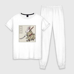 Женская пижама хлопок с принтом Кролик Самурай Rabbit Samurai в городе Новоалтайск, 100% хлопок | брюки и футболка прямого кроя, без карманов, на брюках мягкая резинка на поясе и по низу штанин | art | cyberpunk samurai | ninja | oni | rdsmry | ronin | samurai | shogun | ukiyo e | арт | живопись | животные | заяц | киберпанк самурай | мерч | прикол | путь воина | путь самурая | ронин | сёгун | токио | укиё э | фреска | харакири