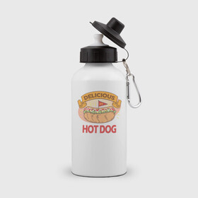 Бутылка спортивная с принтом Delicious Hot Dog в городе Новоалтайск, металл | емкость — 500 мл, в комплекте две пластиковые крышки и карабин для крепления | burgers | delicious | hot dog | вредная еда | еда