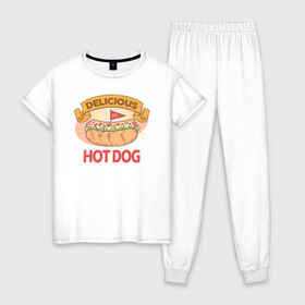 Женская пижама хлопок с принтом Delicious Hot Dog в городе Новоалтайск, 100% хлопок | брюки и футболка прямого кроя, без карманов, на брюках мягкая резинка на поясе и по низу штанин | burgers | delicious | hot dog | вредная еда | еда