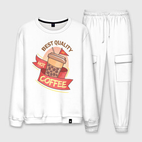 Мужской костюм хлопок с принтом Hot Coffee в городе Новоалтайск, 100% хлопок | на свитшоте круглая горловина, мягкая резинка по низу. Брюки заужены к низу, на них два вида карманов: два “обычных” по бокам и два объемных, с клапанами, расположенные ниже линии бедра. Брюки с мягкой трикотажной резинкой на поясе и по низу штанин. В поясе для дополнительного комфорта — широкие завязки | burgers | delicious | hot dog | вредная еда | еда