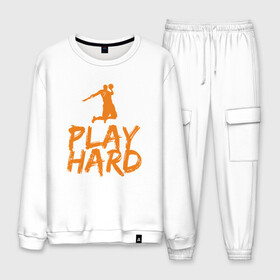 Мужской костюм хлопок с принтом Play Hard в городе Новоалтайск, 100% хлопок | на свитшоте круглая горловина, мягкая резинка по низу. Брюки заужены к низу, на них два вида карманов: два “обычных” по бокам и два объемных, с клапанами, расположенные ниже линии бедра. Брюки с мягкой трикотажной резинкой на поясе и по низу штанин. В поясе для дополнительного комфорта — широкие завязки | basketball | game | nba | sport | streetball | баскетбол | баскетболист | игра | игрок | мяч | нба | спорт | стритбол | тренер