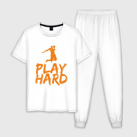 Мужская пижама хлопок с принтом Play Hard в городе Новоалтайск, 100% хлопок | брюки и футболка прямого кроя, без карманов, на брюках мягкая резинка на поясе и по низу штанин
 | basketball | game | nba | sport | streetball | баскетбол | баскетболист | игра | игрок | мяч | нба | спорт | стритбол | тренер