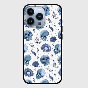 Чехол для iPhone 13 Pro с принтом Узор Голубые черепа с цветами в городе Новоалтайск,  |  | floral | flower | flowers | gothic | pattern | skull | skull merch | tattoo | букет | голубые ромашки | голубые черепа | готика | дизайн с черепами | принт с черепами | рисунок черепа | татуировка | узор | флора | цветы | череп