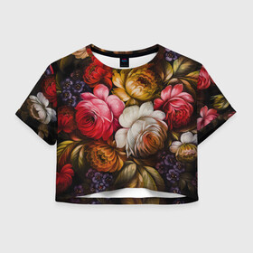 Женская футболка Crop-top 3D с принтом Цветы на черном фоне в городе Новоалтайск, 100% полиэстер | круглая горловина, длина футболки до линии талии, рукава с отворотами | декоративная роспись | живопись | жостово | жостовская роспись | розы | цветы