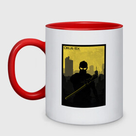 Кружка двухцветная с принтом Deus Ex MD в городе Новоалтайск, керамика | объем — 330 мл, диаметр — 80 мм. Цветная ручка и кайма сверху, в некоторых цветах — вся внутренняя часть | Тематика изображения на принте: cyberpunk | deus ex | game | games | адам дженсен | будущее | деус екс | деус экс | игра | игры | киберпанк
