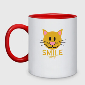 Кружка двухцветная с принтом Smile Cat в городе Новоалтайск, керамика | объем — 330 мл, диаметр — 80 мм. Цветная ручка и кайма сверху, в некоторых цветах — вся внутренняя часть | animal | cat | cute | kitty | meow | smile | друг | животные | киска | китти | кот | котенок | котик | котэ | кошечка | кошка | милый | мур | мяу | питомец