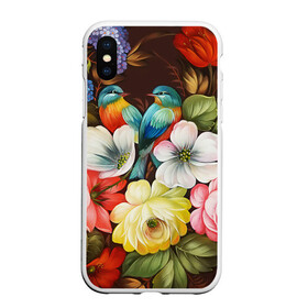 Чехол для iPhone XS Max матовый с принтом Две птички и цветы в городе Новоалтайск, Силикон | Область печати: задняя сторона чехла, без боковых панелей | декоративная роспись | живопись | жостово | жостовская роспись | птицы | розы | цветы