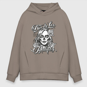 Мужское худи Oversize хлопок с принтом Dia de los muertos в городе Новоалтайск, френч-терри — 70% хлопок, 30% полиэстер. Мягкий теплый начес внутри —100% хлопок | боковые карманы, эластичные манжеты и нижняя кромка, капюшон на магнитной кнопке | Тематика изображения на принте: девушка | мексиканский стиль | розы | тату | череп