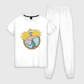 Женская пижама хлопок с принтом Hey Arnold! в городе Новоалтайск, 100% хлопок | брюки и футболка прямого кроя, без карманов, на брюках мягкая резинка на поясе и по низу штанин | arnold | boy | cartoon | nickelodeon | арнольд | мальчик | мультик | никелодион