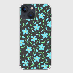 Чехол для iPhone 13 mini с принтом Цветочный узор на темном фоне в городе Новоалтайск,  |  | Тематика изображения на принте: бутон | бутоны | голубые цветы | листья | синие цветы | узор | цветок | цветы | цветы на тёмном фоне