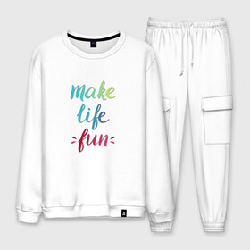 Мужской костюм хлопок с принтом Make life fun в городе Новоалтайск, 100% хлопок | на свитшоте круглая горловина, мягкая резинка по низу. Брюки заужены к низу, на них два вида карманов: два “обычных” по бокам и два объемных, с клапанами, расположенные ниже линии бедра. Брюки с мягкой трикотажной резинкой на поясе и по низу штанин. В поясе для дополнительного комфорта — широкие завязки | make life fun | на английском | надписи | цветная