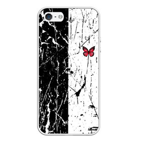 Чехол для iPhone 5/5S матовый с принтом ЧБ ГРАНЖ RED BUTTERFLY (Z) в городе Новоалтайск, Силикон | Область печати: задняя сторона чехла, без боковых панелей | abstract | geometry | geometry stripes | grunge | red butterfly | texture | абстракция | бабочка | брызги | геометрические полосы | геометрия | гранж | краска | красная бабочка | потертости | текстура