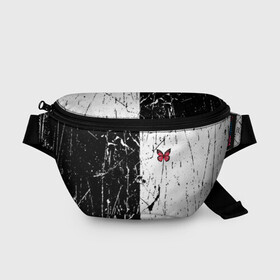 Поясная сумка 3D с принтом ЧБ ГРАНЖ RED BUTTERFLY (Z) в городе Новоалтайск, 100% полиэстер | плотная ткань, ремень с регулируемой длиной, внутри несколько карманов для мелочей, основное отделение и карман с обратной стороны сумки застегиваются на молнию | abstract | geometry | geometry stripes | grunge | red butterfly | texture | абстракция | бабочка | брызги | геометрические полосы | геометрия | гранж | краска | красная бабочка | потертости | текстура