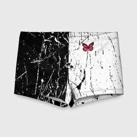 Детские купальные плавки 3D с принтом ЧБ ГРАНЖ RED BUTTERFLY (Z) в городе Новоалтайск, Полиэстер 85%, Спандекс 15% | Слитный крой, подклад по переду изделия, узкие бретели | abstract | geometry | geometry stripes | grunge | red butterfly | texture | абстракция | бабочка | брызги | геометрические полосы | геометрия | гранж | краска | красная бабочка | потертости | текстура