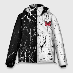 Мужская зимняя куртка 3D с принтом ЧБ ГРАНЖ RED BUTTERFLY (Z) в городе Новоалтайск, верх — 100% полиэстер; подкладка — 100% полиэстер; утеплитель — 100% полиэстер | длина ниже бедра, свободный силуэт Оверсайз. Есть воротник-стойка, отстегивающийся капюшон и ветрозащитная планка. 

Боковые карманы с листочкой на кнопках и внутренний карман на молнии. | Тематика изображения на принте: abstract | geometry | geometry stripes | grunge | red butterfly | texture | абстракция | бабочка | брызги | геометрические полосы | геометрия | гранж | краска | красная бабочка | потертости | текстура