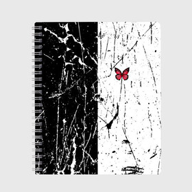 Тетрадь с принтом ЧБ ГРАНЖ RED BUTTERFLY (Z) в городе Новоалтайск, 100% бумага | 48 листов, плотность листов — 60 г/м2, плотность картонной обложки — 250 г/м2. Листы скреплены сбоку удобной пружинной спиралью. Уголки страниц и обложки скругленные. Цвет линий — светло-серый
 | Тематика изображения на принте: abstract | geometry | geometry stripes | grunge | red butterfly | texture | абстракция | бабочка | брызги | геометрические полосы | геометрия | гранж | краска | красная бабочка | потертости | текстура