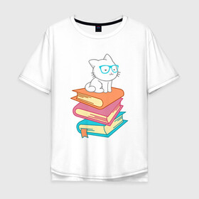 Мужская футболка хлопок Oversize с принтом Book Cat в городе Новоалтайск, 100% хлопок | свободный крой, круглый ворот, “спинка” длиннее передней части | animal | book | cat | cute | kitty | meow | друг | животные | киска | китти | книга | книги | кот | котенок | котик | котэ | кошечка | кошка | милый | мур | мяу | питомец