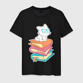 Мужская футболка хлопок с принтом Book Cat в городе Новоалтайск, 100% хлопок | прямой крой, круглый вырез горловины, длина до линии бедер, слегка спущенное плечо. | Тематика изображения на принте: animal | book | cat | cute | kitty | meow | друг | животные | киска | китти | книга | книги | кот | котенок | котик | котэ | кошечка | кошка | милый | мур | мяу | питомец