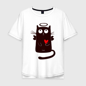 Мужская футболка хлопок Oversize с принтом Angel Cat в городе Новоалтайск, 100% хлопок | свободный крой, круглый ворот, “спинка” длиннее передней части | animal | cat | cute | kitty | meow | ангел | друг | животные | киска | китти | кот | котенок | котик | котэ | кошечка | кошка | любовь | милый | мур | мяу | питомец | сердце