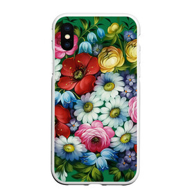 Чехол для iPhone XS Max матовый с принтом Ромашки на зеленом фоне в городе Новоалтайск, Силикон | Область печати: задняя сторона чехла, без боковых панелей | Тематика изображения на принте: декоративная роспись | живопись | жостово | жостовская роспись | ромашки | цветы