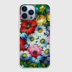 Чехол для iPhone 13 Pro Max с принтом Ромашки на зеленом фоне в городе Новоалтайск,  |  | Тематика изображения на принте: декоративная роспись | живопись | жостово | жостовская роспись | ромашки | цветы