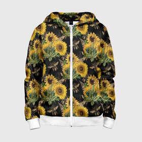 Детская толстовка 3D на молнии с принтом Fashion Sunflowers and bees в городе Новоалтайск, 100% полиэстер |  манжеты и пояс оформлены широкой мягкой резинкой, двухслойный капюшон со шнурком для регулировки, спереди карманы и застежка-молния
 | black | fashion | flowers | flowers lovers | sunflower | sunflowers | букет подсолнухов | весенние подсолнухи | жёлтые подсолнухи | летние подсолнухи | летние цветы | насекомые | подсолнечник | подсолнухи