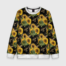 Детский свитшот 3D с принтом Fashion Sunflowers and bees в городе Новоалтайск, 100% полиэстер | свободная посадка, прямой крой, мягкая тканевая резинка на рукавах и понизу свитшота | Тематика изображения на принте: black | fashion | flowers | flowers lovers | sunflower | sunflowers | букет подсолнухов | весенние подсолнухи | жёлтые подсолнухи | летние подсолнухи | летние цветы | насекомые | подсолнечник | подсолнухи
