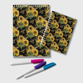 Блокнот с принтом Fashion Sunflowers and bees в городе Новоалтайск, 100% бумага | 48 листов, плотность листов — 60 г/м2, плотность картонной обложки — 250 г/м2. Листы скреплены удобной пружинной спиралью. Цвет линий — светло-серый
 | black | fashion | flowers | flowers lovers | sunflower | sunflowers | букет подсолнухов | весенние подсолнухи | жёлтые подсолнухи | летние подсолнухи | летние цветы | насекомые | подсолнечник | подсолнухи