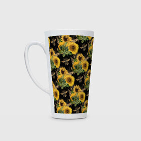 Кружка Латте с принтом Fashion Sunflowers and bees в городе Новоалтайск, Белая керамика | Объем 480 мл; Высота 150 мм; Диаметр 90 мм | black | fashion | flowers | flowers lovers | sunflower | sunflowers | букет подсолнухов | весенние подсолнухи | жёлтые подсолнухи | летние подсолнухи | летние цветы | насекомые | подсолнечник | подсолнухи