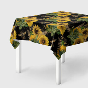 Скатерть 3D с принтом Fashion Sunflowers and bees в городе Новоалтайск, 100% полиэстер (ткань не мнется и не растягивается) | Размер: 150*150 см | black | fashion | flowers | flowers lovers | sunflower | sunflowers | букет подсолнухов | весенние подсолнухи | жёлтые подсолнухи | летние подсолнухи | летние цветы | насекомые | подсолнечник | подсолнухи