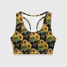 Женский спортивный топ 3D с принтом Fashion Sunflowers and bees в городе Новоалтайск, 82% полиэстер, 18% спандекс Ткань безопасна для здоровья, позволяет коже дышать, не мнется и не растягивается |  | black | fashion | flowers | flowers lovers | sunflower | sunflowers | букет подсолнухов | весенние подсолнухи | жёлтые подсолнухи | летние подсолнухи | летние цветы | насекомые | подсолнечник | подсолнухи