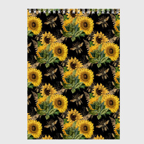 Скетчбук с принтом Fashion Sunflowers and bees в городе Новоалтайск, 100% бумага
 | 48 листов, плотность листов — 100 г/м2, плотность картонной обложки — 250 г/м2. Листы скреплены сверху удобной пружинной спиралью | black | fashion | flowers | flowers lovers | sunflower | sunflowers | букет подсолнухов | весенние подсолнухи | жёлтые подсолнухи | летние подсолнухи | летние цветы | насекомые | подсолнечник | подсолнухи