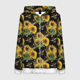 Женская толстовка 3D на молнии с принтом Fashion Sunflowers and bees в городе Новоалтайск, 100% полиэстер | длина до линии бедра, манжеты и пояс оформлены мягкой тканевой резинкой, двухслойный капюшон со шнурком для регулировки, спереди молния, по бокам два кармана | black | fashion | flowers | flowers lovers | sunflower | sunflowers | букет подсолнухов | весенние подсолнухи | жёлтые подсолнухи | летние подсолнухи | летние цветы | насекомые | подсолнечник | подсолнухи