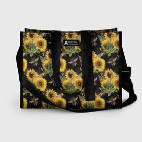 Сумка-шоппер 3D с принтом Fashion Sunflowers and bees в городе Новоалтайск, 100% полиэстер | застегивается на металлическую кнопку; внутренний карман застегивается на молнию. Стенки укреплены специальным мягким материалом, чтобы защитить содержимое от несильных ударов
 | black | fashion | flowers | flowers lovers | sunflower | sunflowers | букет подсолнухов | весенние подсолнухи | жёлтые подсолнухи | летние подсолнухи | летние цветы | насекомые | подсолнечник | подсолнухи