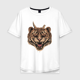 Мужская футболка хлопок Oversize с принтом Evil Tiger в городе Новоалтайск, 100% хлопок | свободный крой, круглый ворот, “спинка” длиннее передней части | животные | зло | рога | тигр | третий глаз