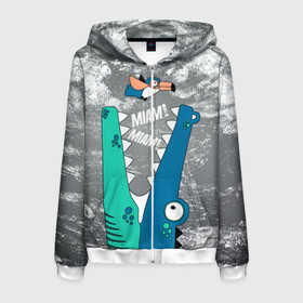 Мужская толстовка 3D на молнии с принтом Крокодил и птичка Miam в городе Новоалтайск, 100% полиэстер | длина до линии бедра, манжеты и пояс оформлены мягкой тканевой резинкой, двухслойный капюшон со шнурком для регулировки, спереди молния, по бокам два кармана | alligator | crocodile | reptile | аллигатор | крокодил | крокодильчик | птица | птичка