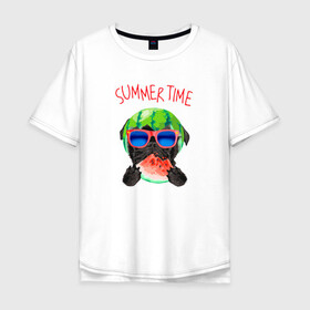 Мужская футболка хлопок Oversize с принтом Summer Time в городе Новоалтайск, 100% хлопок | свободный крой, круглый ворот, “спинка” длиннее передней части | beach | good vibes gold time | palm | sea | summer | tropical | арбуз | вайб | волны | жара | золотое время | летние | лето | очки | пес | пляж | собака | тропический