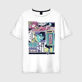 Женская футболка хлопок Oversize с принтом Vaporwave Anime - Call me в городе Новоалтайск, 100% хлопок | свободный крой, круглый ворот, спущенный рукав, длина до линии бедер
 | art | hp mp | japan | japanese | love | social life | tokyo | аниме | арт | вапорвейв | девочка из манги | здоровье | комиксы | любовь | мана | манга | паровая волна | персонаж аниме | рисунок в стиле аниме | социализация