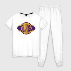 Женская пижама хлопок с принтом LA Lakers в городе Новоалтайск, 100% хлопок | брюки и футболка прямого кроя, без карманов, на брюках мягкая резинка на поясе и по низу штанин | basketball | bryant | game | james | kobe | lakers | lebron | los angeles | nba | sport | streetball | баскетбол | баскетболист | брайант | джеймс | игра | игрок | коби | леброн | лейкерс | лос анджелес | мяч | нба | спорт | стритбол