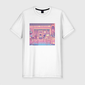 Мужская футболка хлопок Slim с принтом Vaporwave Coffee Shop в городе Новоалтайск, 92% хлопок, 8% лайкра | приталенный силуэт, круглый вырез ворота, длина до линии бедра, короткий рукав | art | bar | camera | digital life | japan | japanese | pink art | record | social life | tokyo | vhs | window | windows | аниме | арт | бар | вапорвейв | запись | иллюстрация | камера | комиксы | кофе | кофейня | кофешоп | манга | окно | парова