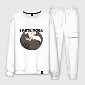 Мужской костюм хлопок с принтом I hate dogs Я ненавижу собак в городе Новоалтайск, 100% хлопок | на свитшоте круглая горловина, мягкая резинка по низу. Брюки заужены к низу, на них два вида карманов: два “обычных” по бокам и два объемных, с клапанами, расположенные ниже линии бедра. Брюки с мягкой трикотажной резинкой на поясе и по низу штанин. В поясе для дополнительного комфорта — широкие завязки | bad cat | cat | cat merch | gesture | kitten | kitty | middle finger | wise cat | жест | злобный котик | злой кот | киса | котёнок | котик | коты мерч | кошка | прикол | сердитый кот | смешной кот | средний пал