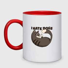 Кружка двухцветная с принтом I hate dogs Я ненавижу собак в городе Новоалтайск, керамика | объем — 330 мл, диаметр — 80 мм. Цветная ручка и кайма сверху, в некоторых цветах — вся внутренняя часть | bad cat | cat | cat merch | gesture | kitten | kitty | middle finger | wise cat | жест | злобный котик | злой кот | киса | котёнок | котик | коты мерч | кошка | прикол | сердитый кот | смешной кот | средний пал