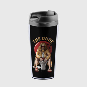 Термокружка-непроливайка с принтом THE DUDE (Big Lebowski) в городе Новоалтайск, внутренняя часть — пищевой пластик, наружная часть — прозрачный пластик, между ними — полиграфическая вставка с рисунком | объем — 350 мл, герметичная крышка | abide | big | dude | jeff | lebowski | the | большой | лебовски | фильм | чувак