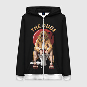 Женская толстовка 3D на молнии с принтом THE DUDE (Big Lebowski) в городе Новоалтайск, 100% полиэстер | длина до линии бедра, манжеты и пояс оформлены мягкой тканевой резинкой, двухслойный капюшон со шнурком для регулировки, спереди молния, по бокам два кармана | abide | big | dude | jeff | lebowski | the | большой | лебовски | фильм | чувак