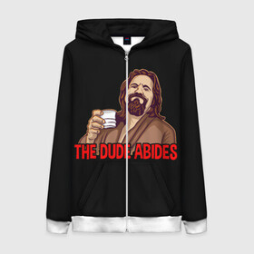Женская толстовка 3D на молнии с принтом The Dude Abides (Lebowski) в городе Новоалтайск, 100% полиэстер | длина до линии бедра, манжеты и пояс оформлены мягкой тканевой резинкой, двухслойный капюшон со шнурком для регулировки, спереди молния, по бокам два кармана | abide | big | dude | jeff | lebowski | the | большой | лебовски | фильм | чувак