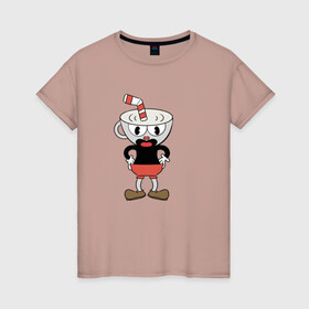 Женская футболка хлопок с принтом Cuphead в городе Новоалтайск, 100% хлопок | прямой крой, круглый вырез горловины, длина до линии бедер, слегка спущенное плечо | cuphead | game | красная соломинка | платформер | стоит