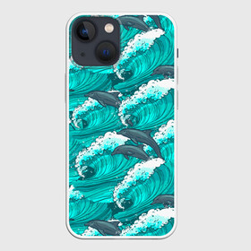 Чехол для iPhone 13 mini с принтом Дельфины в море в городе Новоалтайск,  |  | dolphin | дельфин | дельфины | море | морские | на голубом | с дельфином